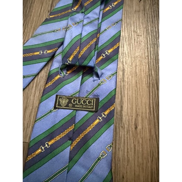 Gucci Men's Vintage Silk Blue Stripe Abstract Belt Print Tie Made in Italy - Picture 4 of 7